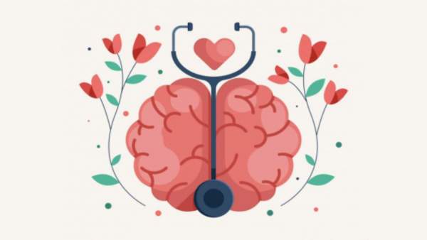 Graphic van hersenen omringt door bloemen op een lichte achterfgrond, een stethoscoop en een hartje
