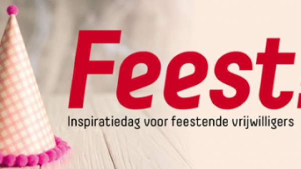Een affiche met twee feesthoedjes op een tafel, met de woorden 'Feest! Inspiratiedag voor feestende vrijwilligers' en rechts onderaan het logo van Vlaams-Brabant