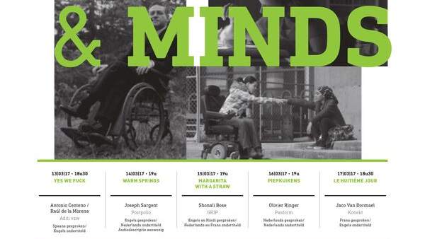 Een poster van het 7de Disability Filmfestival, een witte achtergrond met zwarte en groene letters. De titel van het festival 'Bodies & Minds' staat in grote groene letters over vijf overlappende zwart-wit foto's van mensen met een beperking.