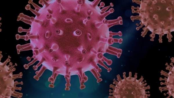 3D beeld van een virus, paars gekleurd op een donkerblauwe achtergrond