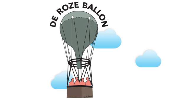 Het logo van de Roze Ballon, een grijze luchtballon met vier roze silhouetten in het bruine mandje, op een witte achtergrond met drie blauwe wolkjes erachter