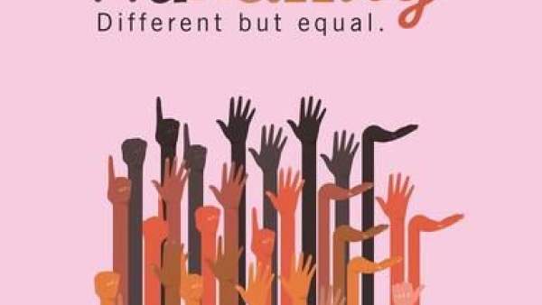 Humanity, different but equal
opgestoken handen in verschillende huidskleuren op een roze achtergrond