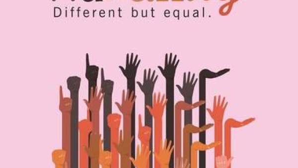 Humanity, different but equal
opgestoken handen in verschillende huidskleuren op een roze achtergrond